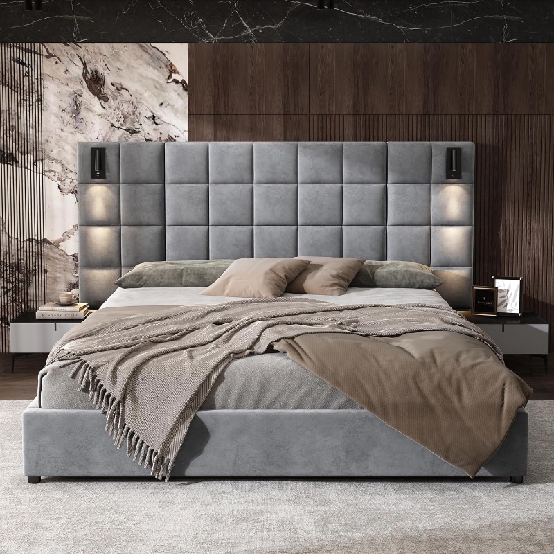 View 1 of **ONLY HEAD BOARD MISSING SECOND BOX** Merax California King Size Upholstered Velvet Bed Frame, with Wall Sconce and USB Port, Wide Headboard for Bedroom, (Without Bedside Tables & Mattress), Gray