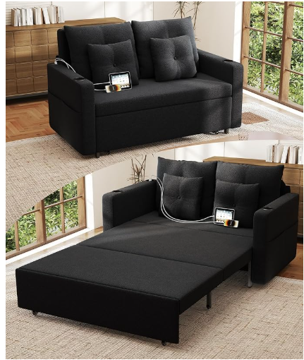 Photo 1 of ***PHOTO FOR ITEM REFERENCE / STYLE MAY DIFFER*** 3 in 1 Sofa Bed, 56 Inch Convertible Pull Out Couch, Loveseat Sleeper Sofa with Cup Holders, USB, Couch Bed for Living Room, Bedroom, Apartment, Black