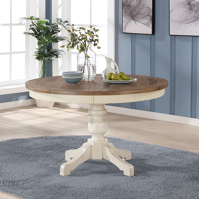 Photo 1 of ****TABLETOP ONLY MISSING LEGS****Round Two-Tone Finish Wood Dining Table, Antique White and Distressed Oak