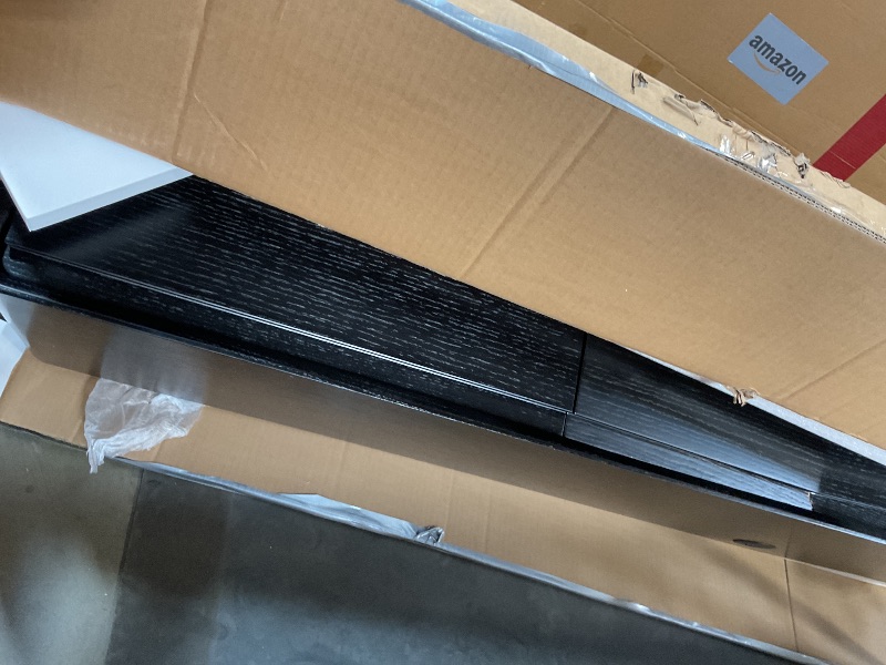 Photo 1 of **MINOR DAMAGE**POVISON DONICY Fully-Assembled Minimalist Floating TV Stand, Modern Wall-Mounted Entertainment Center with 4 Flip-Down Cabinet Doors, Solid Wood Media Console, Black Oak, 94"