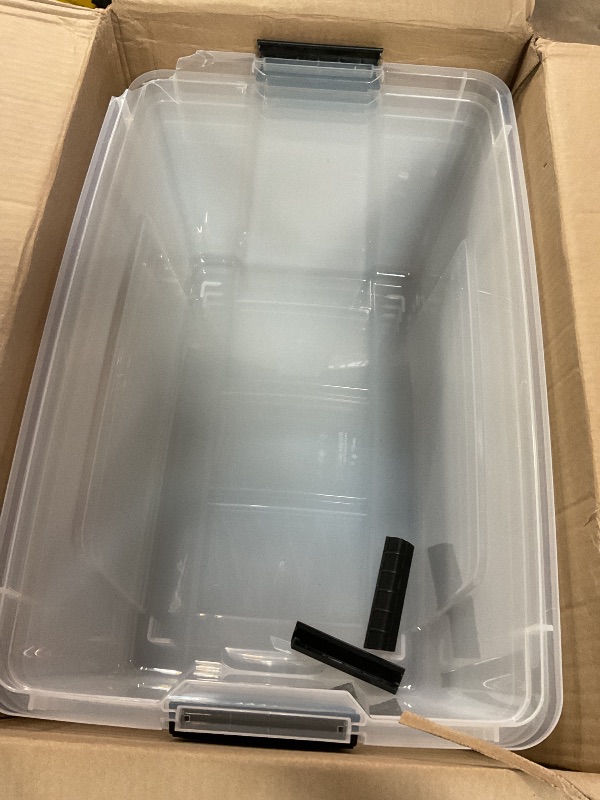 Photo 1 of **MINOR DAMAGE ** IRIS USA 72 QT Plastic Storage Box with Lid and Latches - 4 Pack - BPA-Free, See-Through Organizing Solution, Durable Nestable Stackable Containers, Secure Pull Handle - Clear