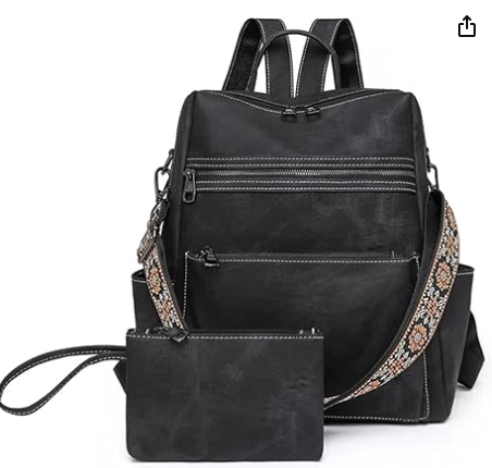 Photo 1 of ***/ MATERIAL MAY DIFFER FAUX LEATHER/ MISSING DESIGNED CARRYING STRAP*** ROOSALANCE Backpack Purse for Women, PU Leather Backpack Purse, Waterproof Anti-Theft Women Back pack, Fashion Multi-Pocket Travel Backpack Shoulder Bag Handbag With Clutch, Black