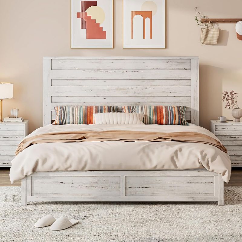 Photo 1 of ***STOCK PHOTO FOR REFERENCE ONLY*** Farmhouse Full Bed Frame with 49" Tall Headboard, Wooden Platform Bed with Hidden Metal Bed Frame, No Box Spring Needed/Noise Free, Distressed White