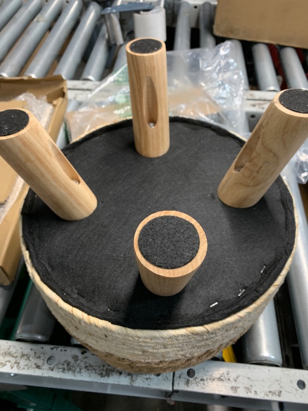 Photo 1 of (see all images) ALeesing Round Ottoman, Natural Seagrass Footstool with 4 Wood Legs, Multifunctional Modern