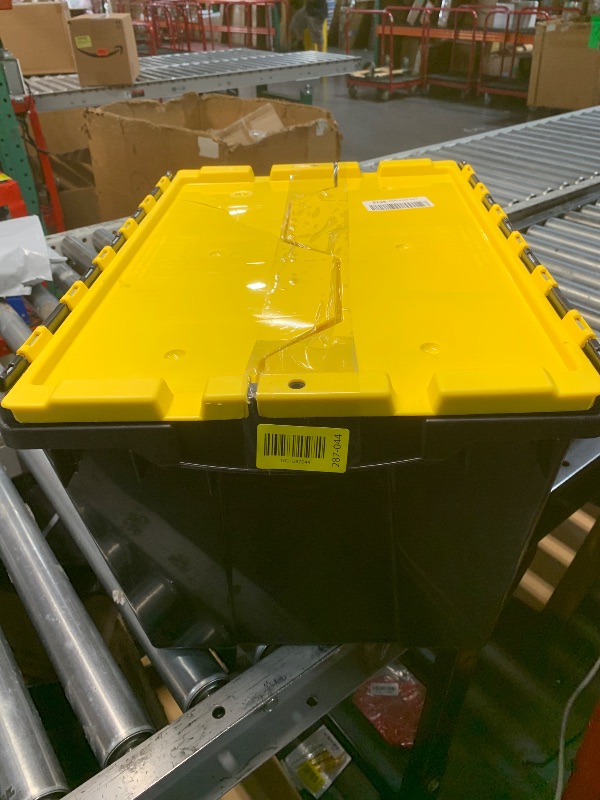 Photo 1 of ***(MINOR DAMAGE/ LID IS BROKEN)***Akro-Mils KeepBox 12 Gallon Storage Container, Nesting and Stackable Plastic Storage Box with Lid Attached, Clear Tote for Garages, Closets, and Moving, 21-1/2" x 15" x 12-1/2", Black/Yellow