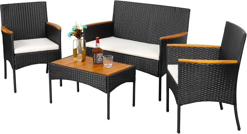 Photo 1 of **************INCOMPLETE ITEM, THIS IS ONLY 1 BOX IN A MULTI BOX SET*****************
Walsunny 4 Piece Patio Furniture Conversation Set Outdoor Wicker Rattan Chairs with Cushions and Table Black/Beige