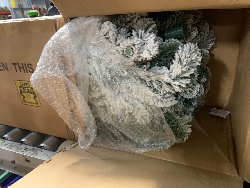 Photo 1 of 7.5 ft Prelit Snow Flocked Christmas Tree, 1446 Hinged Branch Tips Christmas Tree, 450 Color Changing LED Lights, 10 Colors, Full Snowy Appearance, Easy Assembly, Metal Stand