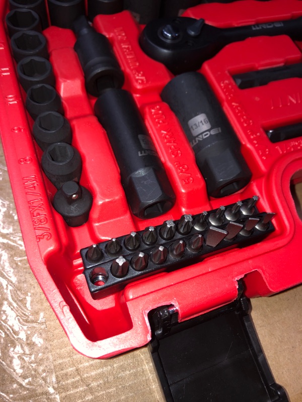 Photo 1 of ***MISSING 2 PCS***(READ NOTES)
LLNDEI 3/8”Drive Impact Socket Set,Standard SAE(5/16 to 3/4-Inch) Metric Size(8-22mm), 95 Piece, CR-V Steel Deep&Shallow Kit, Adapters, Ratchet Handle, Screwdriver Bit Set, Spark Plug Socket, 6 Point