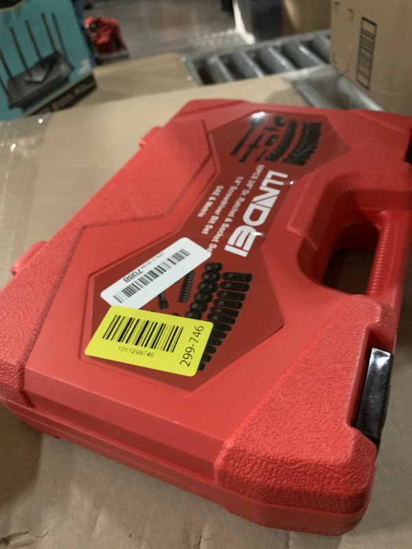 Photo 1 of ***MISSING 2 PCS***(READ NOTES)
LLNDEI 3/8”Drive Impact Socket Set,Standard SAE(5/16 to 3/4-Inch) Metric Size(8-22mm), 95 Piece, CR-V Steel Deep&Shallow Kit, Adapters, Ratchet Handle, Screwdriver Bit Set, Spark Plug Socket, 6 Point