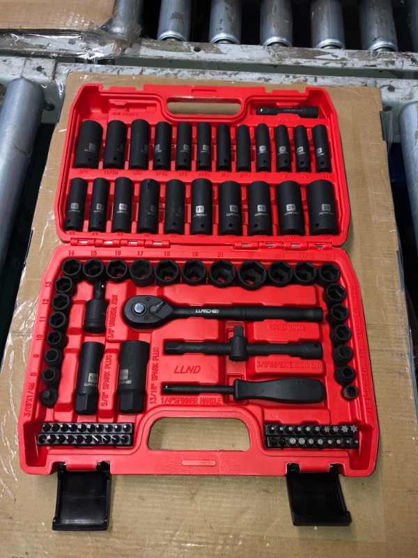 Photo 1 of ***MISSING 2 PCS***(READ NOTES)
LLNDEI 3/8”Drive Impact Socket Set,Standard SAE(5/16 to 3/4-Inch) Metric Size(8-22mm), 95 Piece, CR-V Steel Deep&Shallow Kit, Adapters, Ratchet Handle, Screwdriver Bit Set, Spark Plug Socket, 6 Point