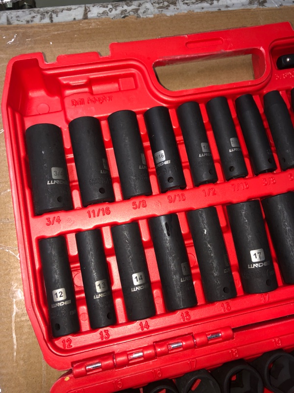 Photo 1 of ***MISSING 2 PCS***(READ NOTES)
LLNDEI 3/8”Drive Impact Socket Set,Standard SAE(5/16 to 3/4-Inch) Metric Size(8-22mm), 95 Piece, CR-V Steel Deep&Shallow Kit, Adapters, Ratchet Handle, Screwdriver Bit Set, Spark Plug Socket, 6 Point