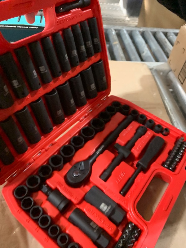 Photo 1 of ***MISSING 2 PCS***(READ NOTES)
LLNDEI 3/8”Drive Impact Socket Set,Standard SAE(5/16 to 3/4-Inch) Metric Size(8-22mm), 95 Piece, CR-V Steel Deep&Shallow Kit, Adapters, Ratchet Handle, Screwdriver Bit Set, Spark Plug Socket, 6 Point