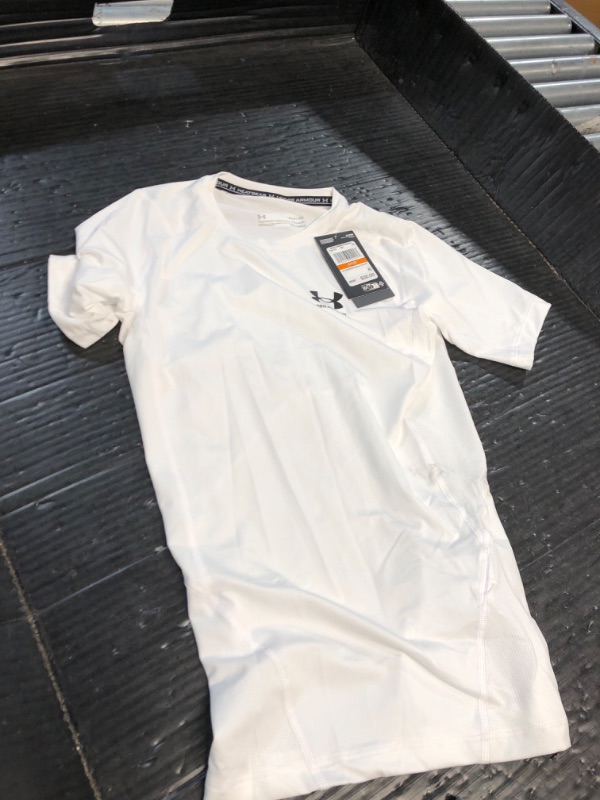 Photo 1 of ***(HEAVILY USED/ MINOR DAMAGE)***Under Armour Men's Armour HeatGear Compression Short-Sleeve T-Shirt , White (100)/Black, Small