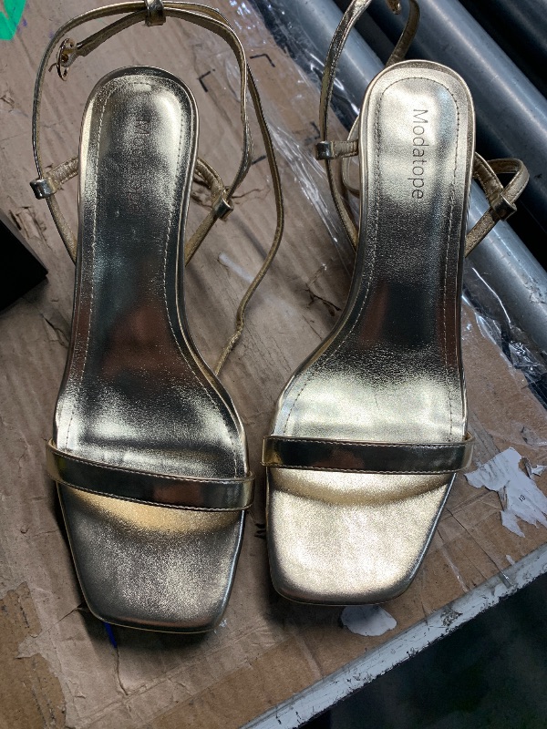 Photo 1 of ***(HEAVILY USED/ MINOR DAMAGE)***Modatope Heeled Sandals Women Gold Low Kitten Heel Open Toe Ankle Strap Heels Gold Metallic Low Heels Size 9.5