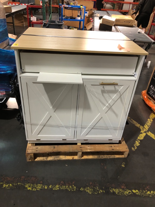 Photo 1 of ***DAMAGED - SEE NOTES/PICTURES***DWVO Kitchen Island with Power Outlet, 40 inch Rolling Island Table with Trash Can Cabinet fits Double 10-Gallon Bin, Square Mobile Storage Islands with Tilt Out Garbage Bin Cabinet, White Oak