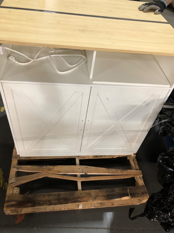 Photo 1 of ***DAMAGED - SEE NOTES/PICTURES***DWVO Kitchen Island with Power Outlet, 40 inch Rolling Island Table with Trash Can Cabinet fits Double 10-Gallon Bin, Square Mobile Storage Islands with Tilt Out Garbage Bin Cabinet, White Oak