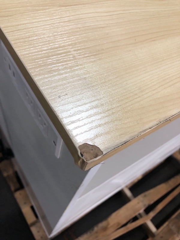 Photo 1 of ***DAMAGED - SEE NOTES/PICTURES***DWVO Kitchen Island with Power Outlet, 40 inch Rolling Island Table with Trash Can Cabinet fits Double 10-Gallon Bin, Square Mobile Storage Islands with Tilt Out Garbage Bin Cabinet, White Oak