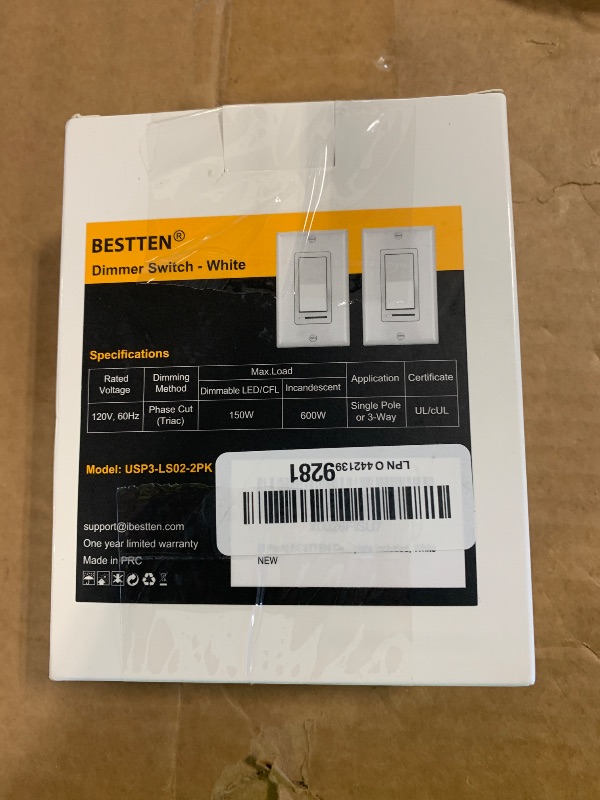 Photo 1 of ** only 1**BESTTEN 2 Pack Dimmer Light Switch, Universal Lighting Control, Single Pole or 3 Way, Compatible with LED Dimmable Lamp, CFL, Incandescent, Halogen Bulb, Decorator Wallplate Included, UL Listed, White