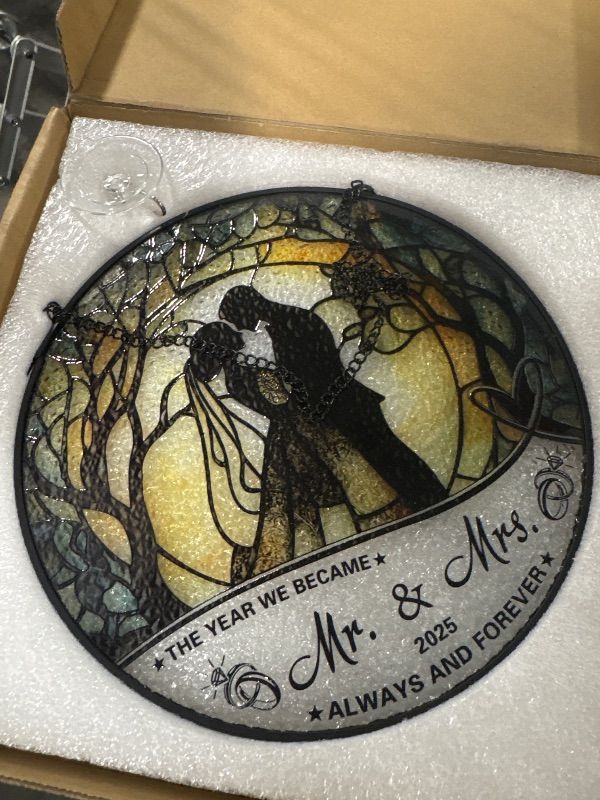 Photo 1 of **2025**Stained Glass Suncatcher - Mr & Mrs 2025 Wedding Keepsake, Bridal Shower Gift for Newlyweds,Wedding Anniversary Keepsake, Suncatchers for Windows Hanging - Bride's Home Decoration or Ceremony Souvenir