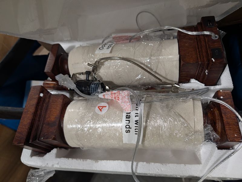 Photo 1 of ***DAMAGED, SELLING FOR PARTS, AS IS FINAL SALE***BOBOMOMO 27" Farmhouse Living Room Lamps with USB-A +C Ports, Vintage Rustic Bedside Night Stand Lamps Set of 2, Linen Shade, Retro Side Table Lamps for Living Room, Bedroom, Office, Home Decor***DAMAGED, 