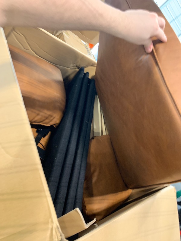 Photo 1 of ***Partial Set*** ***Only Box 3*** Garvee 85 Inches 3-Seater Sofa Couch with 2 Throw Pillows, Faux Leather Couch with Wide Armrests, Wood Legs, Deep Seats, Back Cushion, Sturdy Support Feet, Sofa Couches for Living Room, Office, Brown