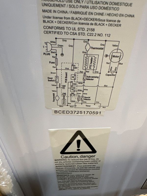 Photo 1 of *** TRUCK PICKUP ONLY *** BLACK+DECKER BCED37 Compact Dryer for Standard Wall Outlet, Small, 4 Modes, Load Volume 13.2 lbs., White