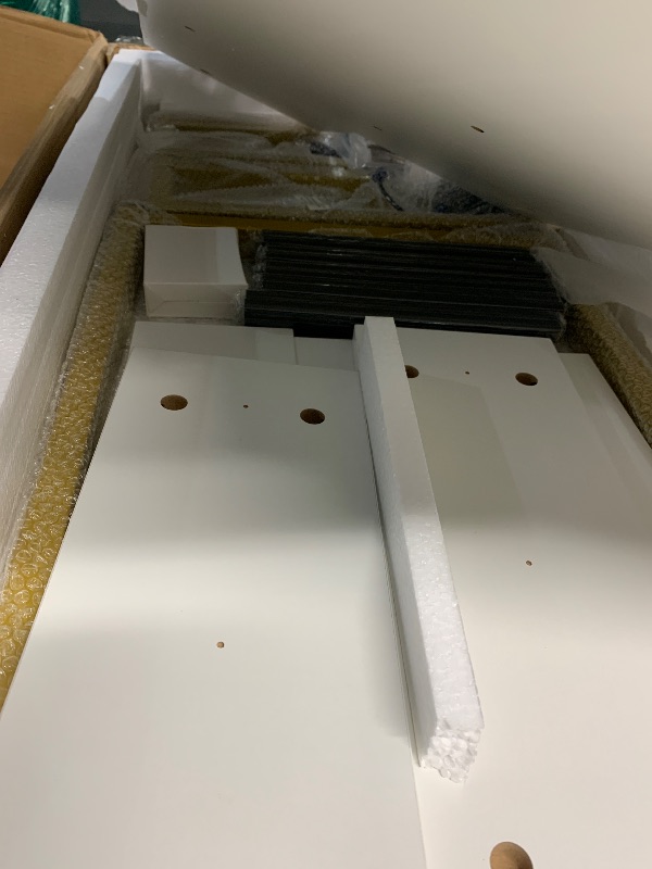 Photo 1 of (used) (missing pieces)Makeup Vanity Desk with Sliding Mirror and Lights, Large Dressing Table with Charging Station, 3 Lighting Modes, 5 Large Drawers