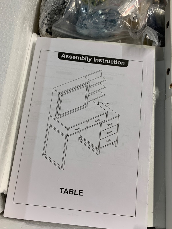 Photo 1 of (used) (missing pieces)Makeup Vanity Desk with Sliding Mirror and Lights, Large Dressing Table with Charging Station, 3 Lighting Modes, 5 Large Drawers
