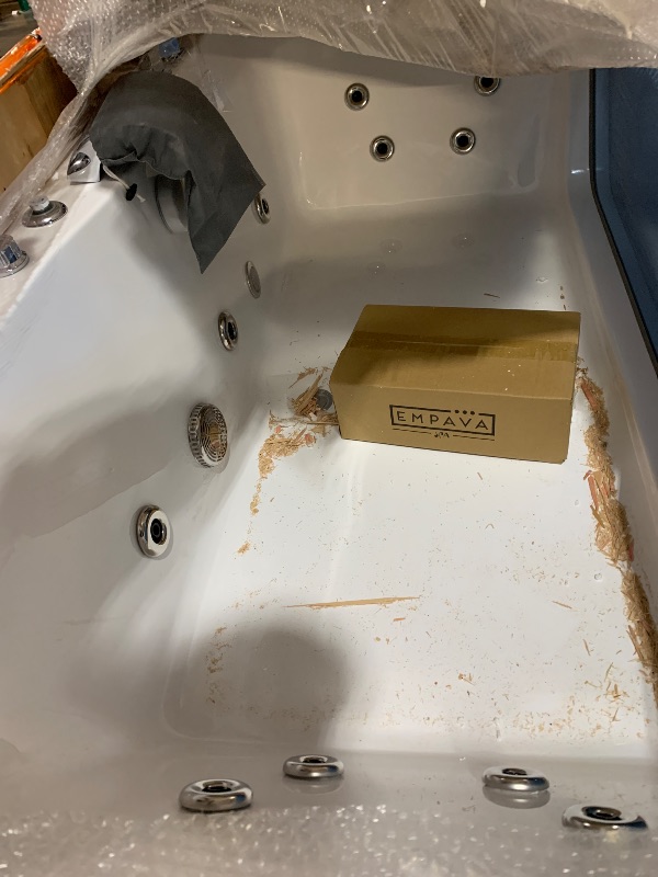 Photo 1 of *** TRUCK/TRAILER PICKUP ONLY*** **DAMAGED SEE PHOTOS**** Empava Acrylic Whirlpool Bathtub, 71-Inch Jetted Bathtub with Heater, 10 Jets Hydromassage with Chromatherapy, 3-Side Apron with LED Control Panel, Waterfall & ETL Certified, Blcak Pillow