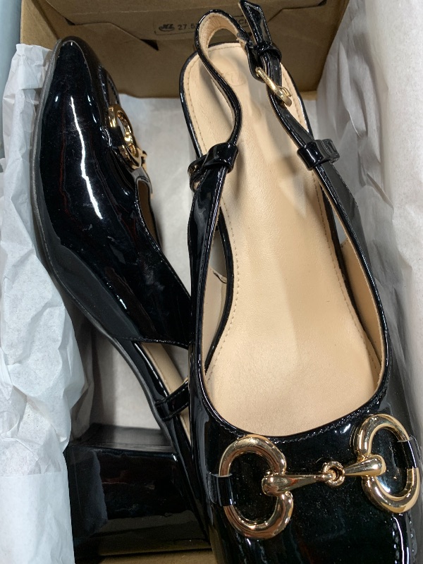 Photo 1 of (used) Coutgo Women's Slingback Chunky Block Heels Pumps Square Toe Metal Buckle Party Dress Work Shoes, Cool Black, Size 7.5