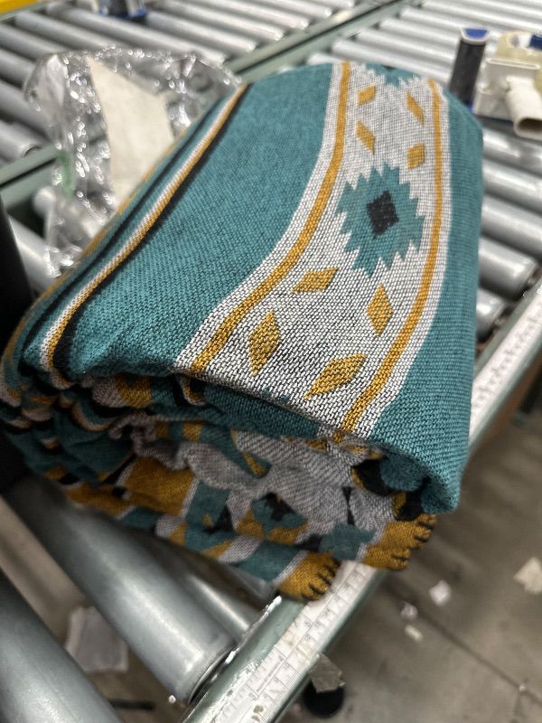 Photo 1 of Aztec Patterned Throw Blanket with Soft Sherpa Lining, Traditional Southwestern Navajo Tribal Style Warm Throw for Camping, Outdoor, Light Weight Cozy Boho Blanket for Couch, Sofa, Bed, 50”x60”, Teal