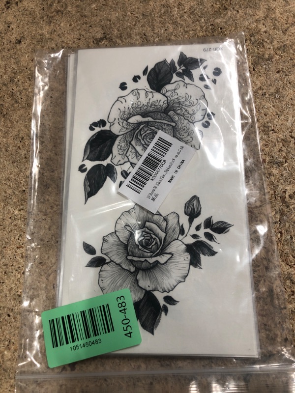 Photo 1 of 10 Sheets 3D Black Flower Rose Temporary Tattoos For Women Girls, Waterproof Tattoo Stickers Fake Tattoos Stickers Body Art Arm Thigh Sketch Tattoo Stickers