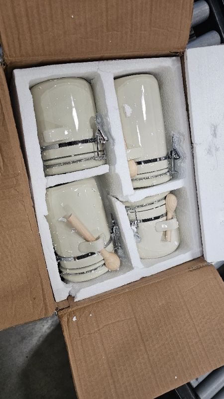 Photo 1 of ***PARTS ONLY**ZEBERBO 4-Piece Airtight Ceramic Canisters Set with Wooden Spoons & Chalk Labels – Perfect for Coffee, Sugar, Flour, Tea (White) – Stylish & Leakproof Kitchen Storage