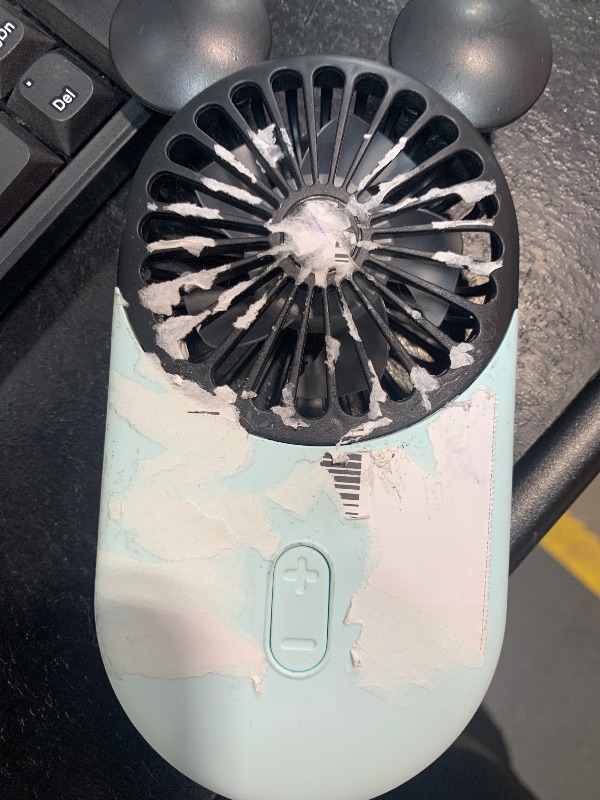 Photo 1 of ***FOR PARTS/ Damage from a sticker also missing charger***  DecoLife Cute Handheld Mini USB Fan, Rechargeable Portable Fan, 3 Adjustable Speeds and Wearable Accessories, Pocket Size for Indoor Or Outdoor Activities (Blue)