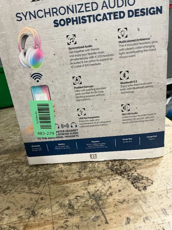 Photo 1 of (used)(see images) Brookstone Wireless Silent Disco Headphones, Multicolor LED Lights, Bluetooth 5.0, Up to 10 Hours of Playtime, 4 Pack