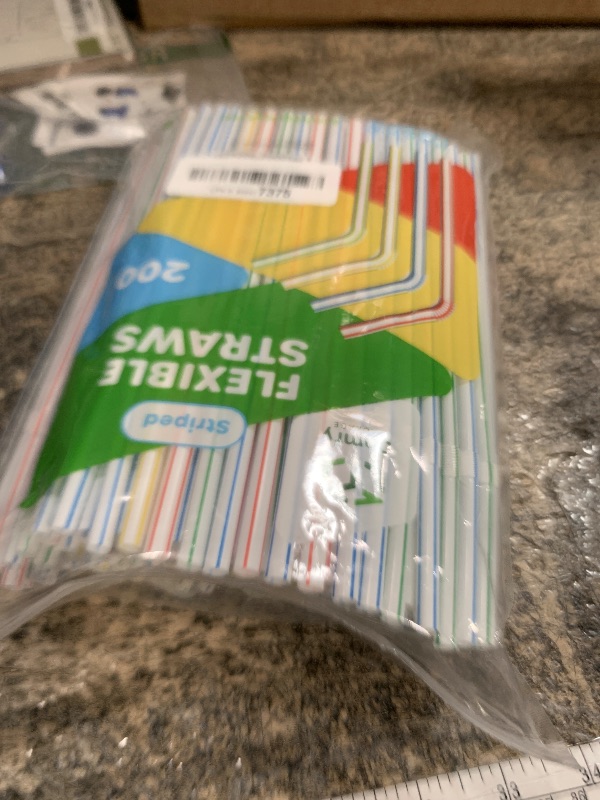 Photo 1 of [200 Pack] Flexible Disposable Plastic Drinking Straws - 7.75" High - Assorted Colors Striped