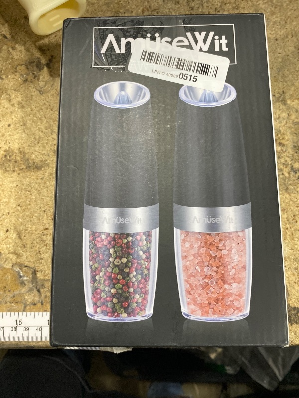Photo 1 of ***PARTIAL SET ONLY 1*** AmuseWit Gravity Electric Salt and Pepper Grinder Set of 2 [White Light] Battery Operated Automatic Pepper and Salt Mills with Light,Adjustable Coarseness,One Handed Operation,Black