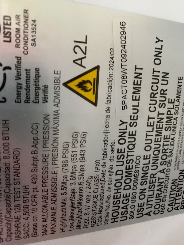 Photo 1 of *************FOR PARTS ONLY-NON-FUNCTIONAL, MISSING REMOTE**************
BLACK+DECKER Portable Air Conditioner, 8,000 BTU (3,950 BTU SACC) for Rooms up to 400 Sq. Ft., Portable AC with Follow Me Remote Control and Window Kit, BPACT08WT, White