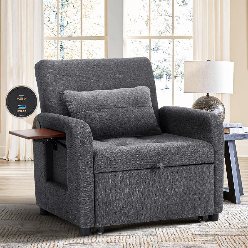 Photo 1 of ****PARTS ONLY***Convertible Sleeper Chair-Fabric Futon Sofa Bed, Single Sleeper Sofa, Small Couch Bed with USB Port, Foldable Table, Pillow, Adjustable Backrest for Dorm/Bedroom/College Darkgrey