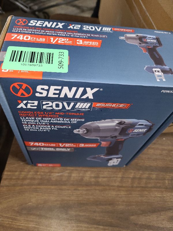 Photo 1 of SENIX 20 Volt Max* 1/2" Cordless Impact Wrench, 550 ft-lbs. Max Torque, 4000 RPM Max, 3 Speed Mode, Brushless Motor - Includes Belt Clip, Tool Only, Battery Not Included (PDWX2-M7-0)