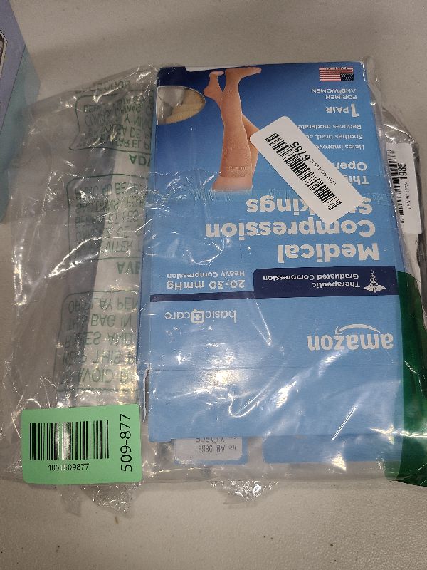 Photo 1 of Amazon Basic Care Medical Compression Stockings, 20-30 mmHg Support, Women & Men Thigh Length Hose, Open Toe, Beige, X-Large (Previously NuVein)