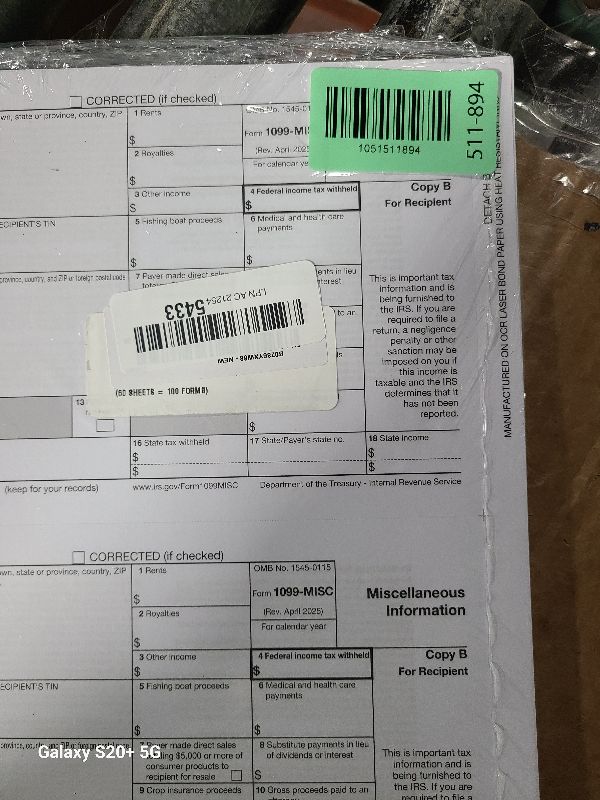 Photo 1 of 1099 MISC Laser 'Copy B' Recipient 2025, 50 Recipients of Laser MISC COPY B Forms, Compatible with QuickBooks and Accounting Software, 25 sheets