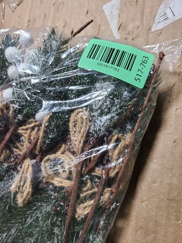Photo 1 of 12 Pieces Artificial Pine Picks Christmas Tree Picks with White Berries Pinecones Bowknot Artificial Pine Branches Stems Frosted Holly Spray for Winter Decoration Xmas Party DIY Crafts (12, White)