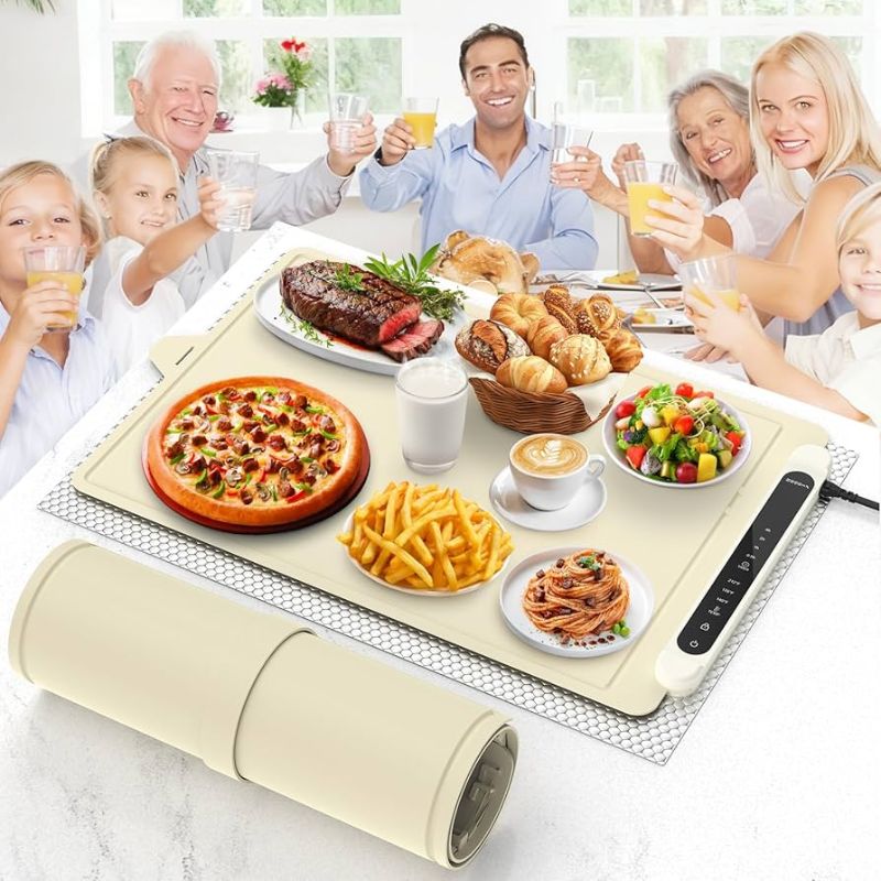 Photo 1 of Food Warming Mat Electric Tray: Adjustable Silicone Heating Pad with 3 Temperature Settings 4 Timer Function Portable Roll Up Hot Plate for Buffets Party Gatherings Kitchen Warmer Countertop Holiday