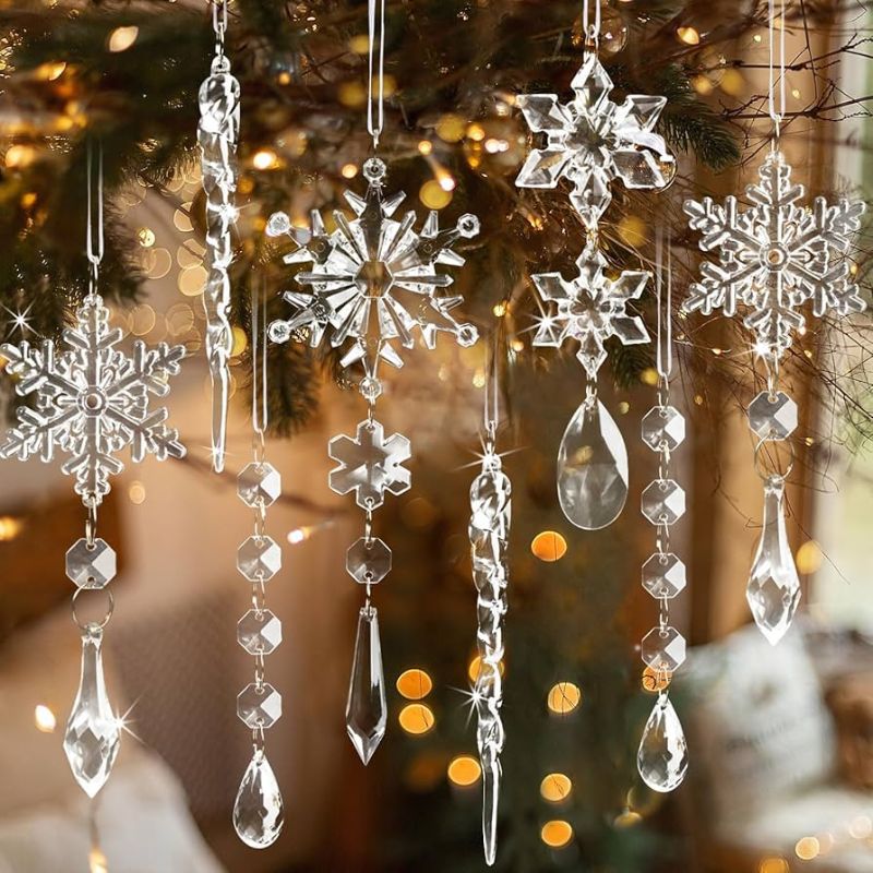 Photo 1 of 18pcs Crystal Christmas Ornaments for Tree Decorations-Hanging Acrylic Snowflake Icicle Ornaments with Drop Pendants for Winter Wonderland Chandelier Crystals Decorations Supplies