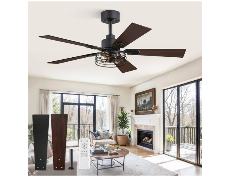 Photo 1 of 1 Pack Farmhouse 42 Inch Ceiling Fans with Lights, Industrial Caged Ceiling Fans for Bedroom Living Room, Double-Sided 5 Blades Rustic Ceiling Fan-Black Gold