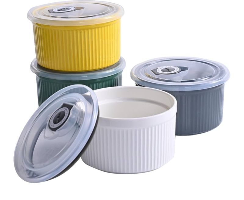 Photo 1 of 14 oz Ceramic Ramekins with Lids, Creme Brulee Ramekin Oven Safe with Covers, Small Baking Dishes Porcelain Ramekins Set for Souffle,Sauce Dessert, Set of 4
