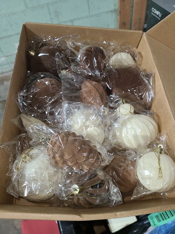 Photo 1 of 18Pcs Velvet Christmas Tree Ornaments Set, Flocked Hanging Christmas Balls Ornaments, Shatterproof Khaki Brown White Hanging Balls Decorations Assortment for Xmas Tree Holiday Winter Party Decor