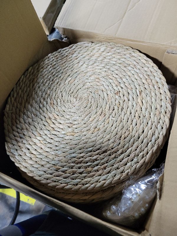 Photo 1 of 20 Pcs 12 Inch Round Woven Placemats with 20pcs Pearl Napkin Rings?Rattan Placemats Bulk Boho Woven Chargers Natural Water Hyacinth Place Mat for Wedding Party, Dinner Table