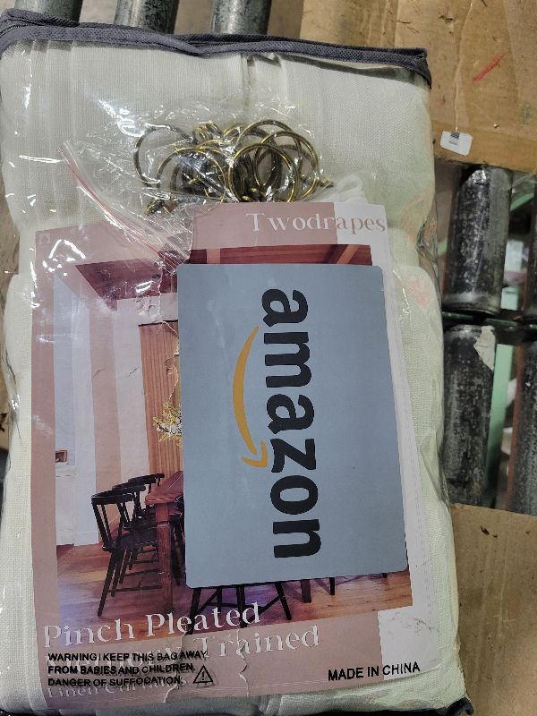 Photo 1 of 102 Inch Long Pinch Pleat Linen Curtains for Living Room 2 Panels Set Natural Cream Boho Semi Sheer Light Filtering Neutral 102 Inch Pleated Curtain with Rings Hooks Floor Ceiling Bedroom Window